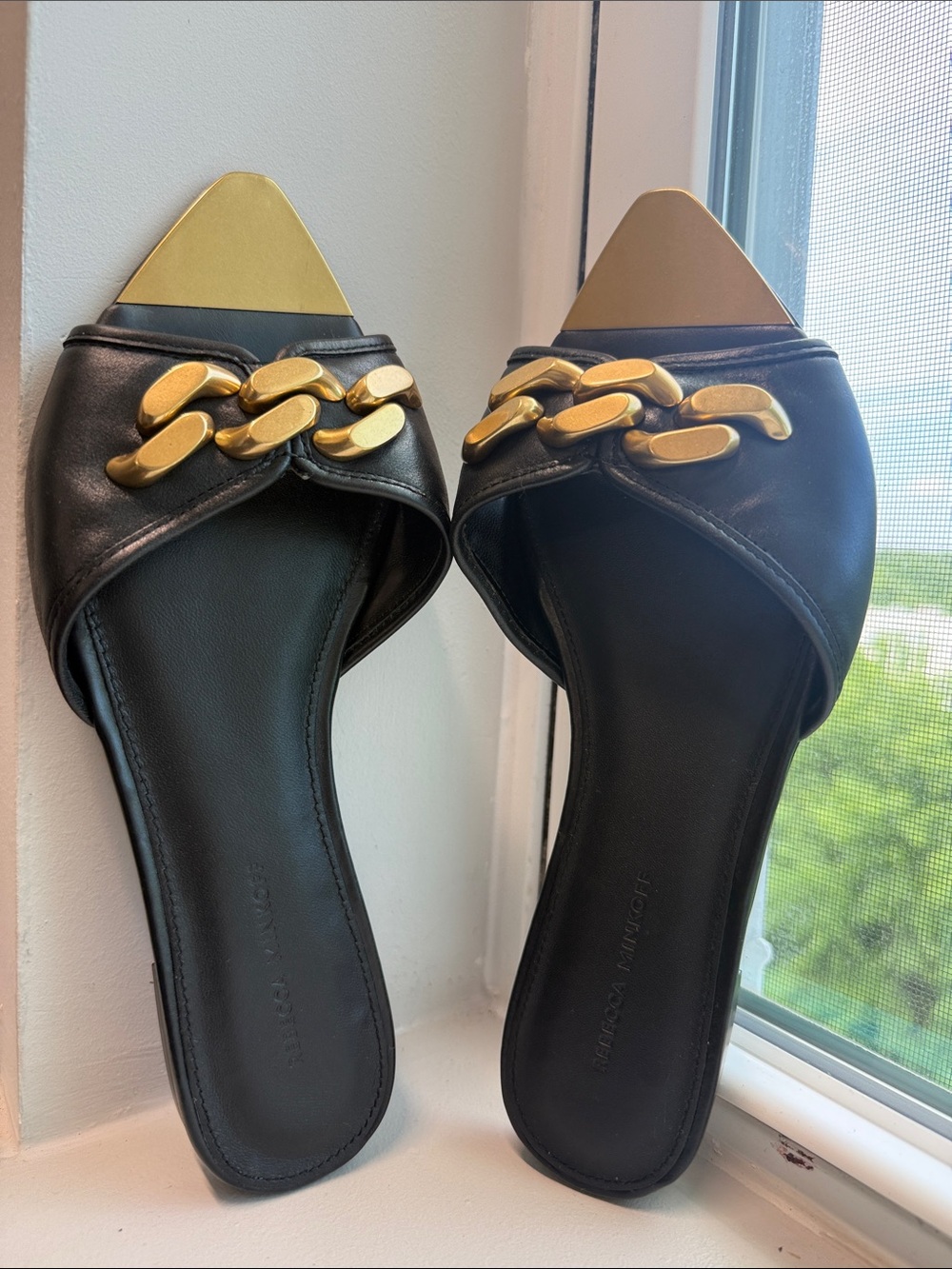 Rebecca Minkoff Black Slide Mules with Gold Chain and Toe Caps